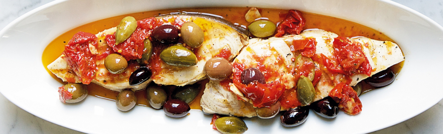 Grilled Fish with Olives, Tomatoes & Capers