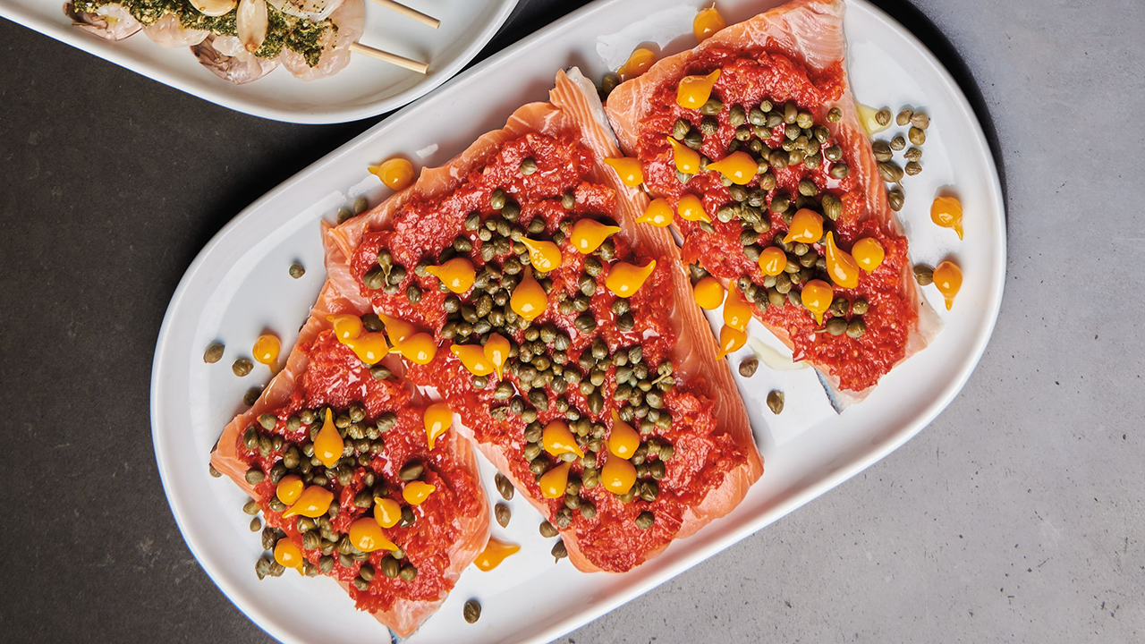 Salmon with Roasted Tomato Spread and Peruvian Pearl Peppers